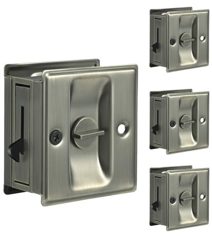 HOMOTEK 4 Pack Privacy Sliding Door Lock with Pull - Replace Old Or Damaged Pocket Door Locks Hardware Quickly and Easily, 2-3/4”x2-1/2”, for 1-3/8” Thickness Door, Antique Brass