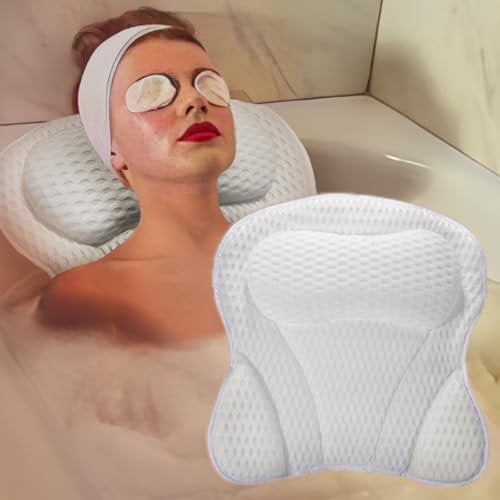Almohada Bañera Antideslizante de Espuma Viscoelástica para Relajación, Cojín de Baño para Adultos, Ideal para SPA y Sillas de Baño - con 6 Ventosas y Tejido de Malla 4D (Blanco)