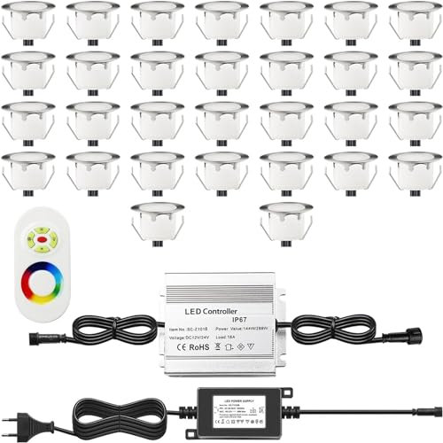 DarisingSun 30er Set LED Terrassenbeleuchtung RGB Treppen Einbauleuchten Ø45mm Bodeneinbaustrahler Deckenleuchte Wasserdicht IP67 Einbaulampe Außenleuchten Mit EU-Stecker für Küche Garten Balkon