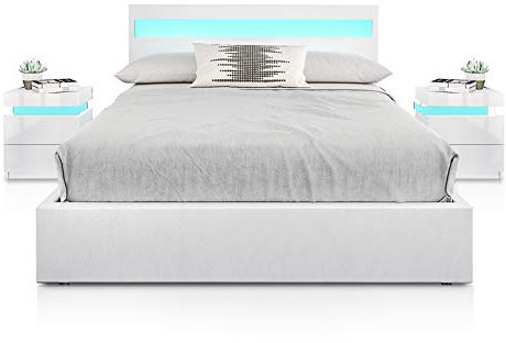 Bed Frame with Storage, 5FT King Faux Leather Bed, Ottoman Gas Lift Storage Bed Frame, LED King Size Bed for Bedroom Home, White