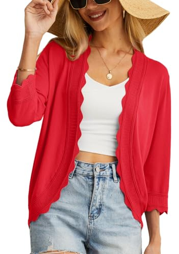 GRECERELLE Cardigan décontracté à manches 3/4 pour femme, pull ample et fluide à volants en tricot, boléro à porter avec des robes, Rouge, XL