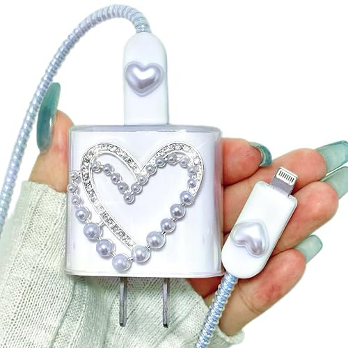 Cute Cable Protector for iPhone Charger with Lover Heart Design,Luxury Diamond Pearl Soft Glitter Charging Cord Protector Data Cable Saver for Women Girls Compatible with iPhone iPad 18W/20W Charger