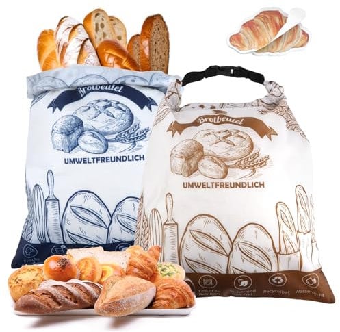 2 Stück Wiederverwendbare Brotbeutel 43x31cm Brotsack zum Frischhalten mit TPU Innenfutter Feuchtigkeitsresistente Groß Maschinenwaschbar und Gefriersicher Lebensmittelechte Brotbeutel um Brot Frisch