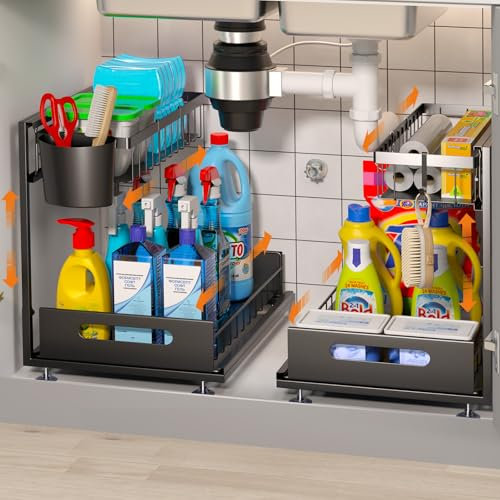 SHOWY SKY Metal Under Sink Storage Kitchen Organiser-2 Tier adjustable Sliding Shelf with Hooks and Hanging Cup, L-shape Narrow Space Storage (Black)