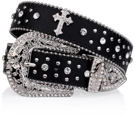 YGLEEULI Gürtel Damen Gürtel Schwarzer Gürtel mit Kreuznieten, gravierte Schnalle, Strass-Dekor, PU-Gürtel, Hip-Hop-Jeans, Hosengürtel, Punk-Cowboy-Cowgirl-Gürtel(125cm)