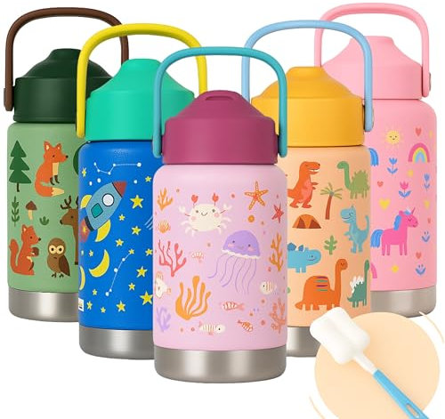 Smarthers Botella Agua Niños 350 ml - Botella Agua Acero Inoxidable con Pajita, Sin Fugas, con cepillo y pegatinas - Botella Termica Acero Inoxidable Niños, Duradera y Segura para el Colegio