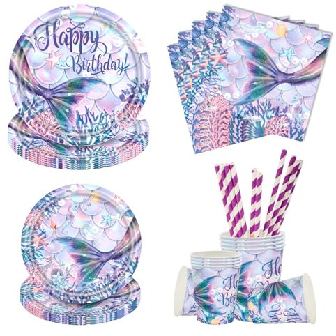 Aitsite Lot de 50 assiettes en carton pour 10 invités avec assiettes en papier, gobelets, serviettes, vaisselle en papier motif sirènes