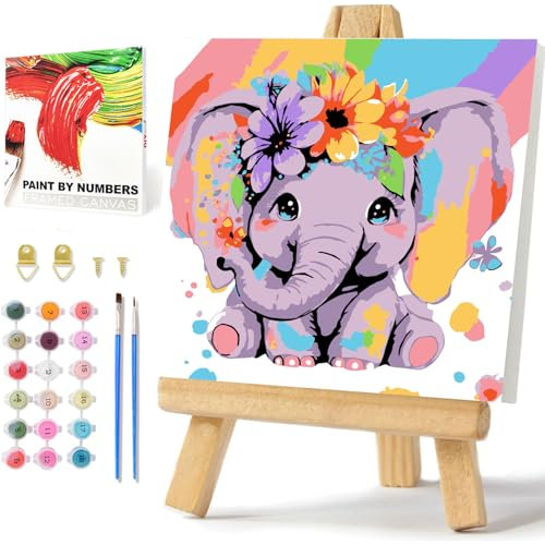 Peinture éléphant par numéros à partir de 5, 6, 7 ans, fille avec cadre, peinture éléphant par numéro pour enfants, peinture acrylique par numéro pour enfants, petite taille, cadeau 20 x 20 cm