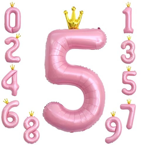 KOBOKO Zahlen Luftballon 5 Rosa, 40 Zoll Riesen Folienballon 5, Ballon 5 Geburtstag Mädchen, Zahlenballon Geburtstagsdeko Mädchen 5 Jahre, Helium Ballons Zahl 5 mit Krone für Geburtstag Party Deko