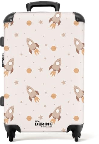 NoBoringSuitcases.com Kinderkoffer, Kinder Koffer, Koffer Groß, Koffer Mit Rollen, TSA Schloss, Kindertrolley Koffer Mittelgroß, Koffer Mittel (Muster von Raketen und Planeten - Beige, 67 cm - 72 L)