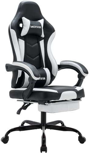WOTSTA Gaming Chair Computerstuhl Ergonomischer Gaming Stuhl mit Fußstütze Bürostuhl Ergonomischer Computerstuhl mit Lendenwirbelstütze SchwarzWeiß
