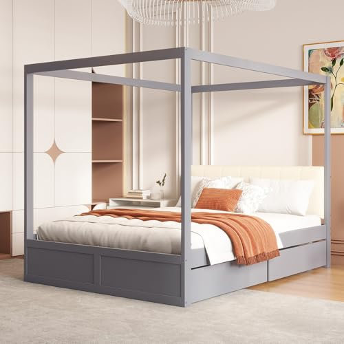 Arhatreya Himmelbett 140x200 cm, Doppelbett mit Großen Schubladen, Holzbett mit weicher Rückenlehne, Bettgestell mit Lattenrost, Gästebett für Schlafzimmer (Ohne Matratze) Grau