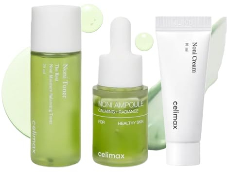 Celimax The Real Noni 3-teiliges Mini-Starter-Set, feuchtigkeitsspendendes Tonikum, 30 ml, beruhigende Ampulle 10 ml und Reparaturcreme 10 ml, vegane Gesichtspflege für alle Hauttypen – Koreanische