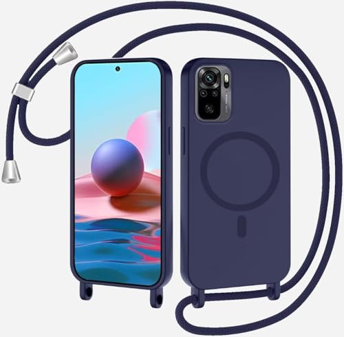 SLWYF Magnetische Handykette für Xiaomi Redmi Note 10 4G/Note 10S Hülle mit Band, Handyhülle Kompatibel mit MagSafe, Silikon Necklace Handyhülle mit Abnehmbar Kordel zum Umhängen Case - Dunkelblau