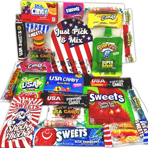 Just Pick & Mix American Sweets Box Gift Hamper for Kids — American Candy Favourite USA Sweets Brands — Birthday Sweet Hamper, Thank You & Treat Snacks Gifts American Hamper