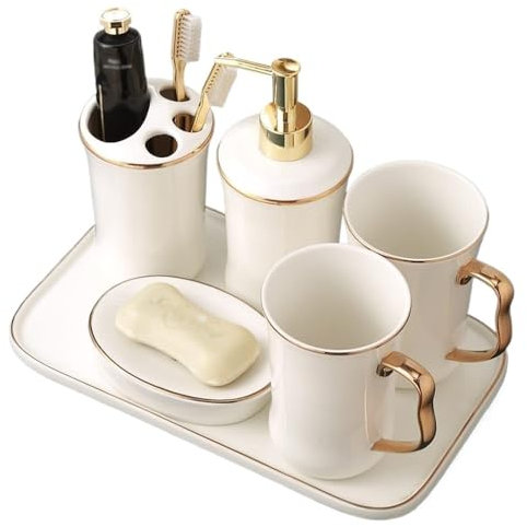 6-teiliges Badezimmer-Zubehör-Set, weißes Keramik-Tablett, Tasse, Seifenspender, Seifenschale, Zahnbürstenhalter, Waschbecken im europäischen Stil, Badezimmerschrank-Deko