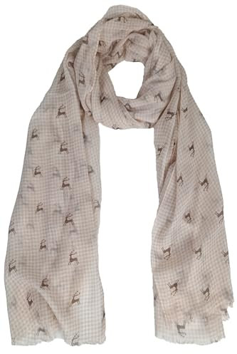 Trachtenland - Trachten Schal kariert mit Hirschmotiv - Schönes Halstuch zu Dirndl und Lederhose (Beige, Maße: ca. 185 x 70 cm)