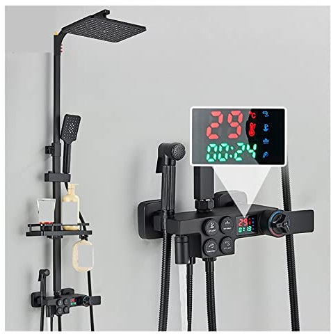 Juego de grifo de ducha, Grifo de ducha termostático con pantalla Digital negra, mezclador de ducha de 4 vías, botón de Control, grifo de ducha inteligente for baño, grifo de bidé(Black Hot Cold)
