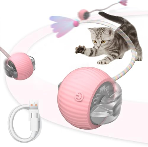 PETVENTURE Interaktives Katzenspielzeug Elektrisch - 360° Smart Hundeball mit 30cm Libellenschwanz & 3 Modi,Automatischer Rollender Ball mit Bewegungssensor,USB-C Intelligenzspielzeug