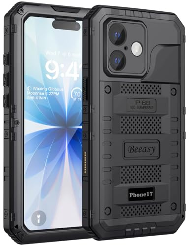 Beeasy für iPhone 17 Hülle, IP68 Wasserdicht Staubdicht Handyhülle Outdoor Panzerhülle, Militär 360 Grad Schutzhülle mit Displayschutz, Robust Stoßfest Heavy Duty Metall Case 6,3, Schwarz