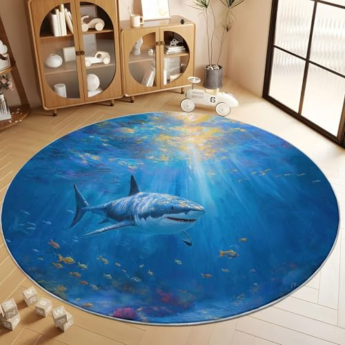 Teppich Rund rutschfest 180 cm, Weicher Kuscheliger Blau Runder Teppiche Kinderteppich - Ozean Tiere Haie Rund Teppich für Wohnzimmer Flur Kinderzimmer