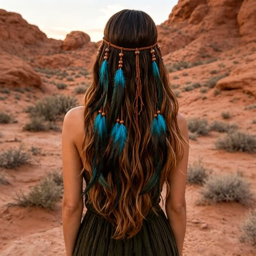 DIPZO Cinta india con plumas para mujer, Cadena hippie para el cabello con borlas y cuentas, Tocados étnicos indios para carnaval, festivales y estilos tribales, Azul