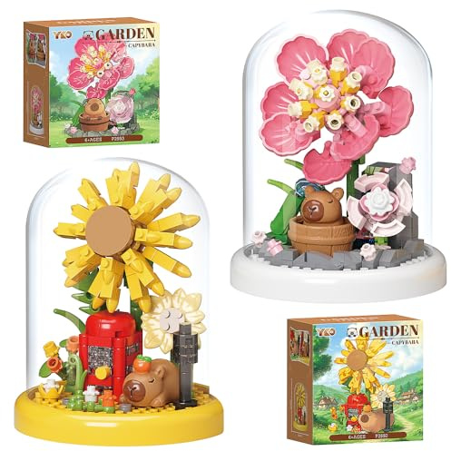 SKIKHN Blumen Bausteine Set,2 Stück Capybara Bauspielzeug DIY mit Schutzhülle,Blumenstrauß Bausteinset,Mini Klemmbausteine Blumen,Capybara Klemmbausteine,Geschenke für Erwachsene
