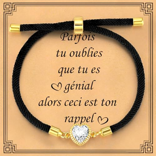 Cadeau Femme Bracelet Coeur Zircon - Bracelet Femme en Cordon Tressé Coeur d'Amour Plaqué Or 14K Zircone Cubique Bracelets Amitié Réglable Cadeaux Anniversaires Saint-Valentine Noël Graduation Fêtes