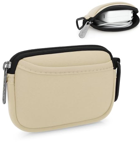 JINSI Mini Pouch Case Small Accessories Storage Organizer Tech Bag (Beige) | Travel Gadget Bag for USB Cable Drive SD Card Charger Power Adapter Keys Keychain, Coin Purse Wallet Zipper Pocket with Hook