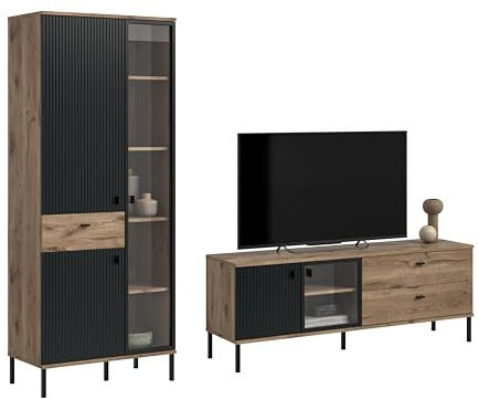 xonox.home – Wohnkombination Chess 252x198x41 cm in Schwarz Tiefzieh und Nox Oak Nachbildung – 2-teiliges Set aus Vitrine & Lowboard – Harmonische Möbelkombination für EIN modernes Wohnzimmer