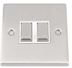 Light Switch Double 2 Gang - Satin Matt Chrome - Square - White Insert - Metal Rocker Switch - 10 Amp 2 Gang 2 Way