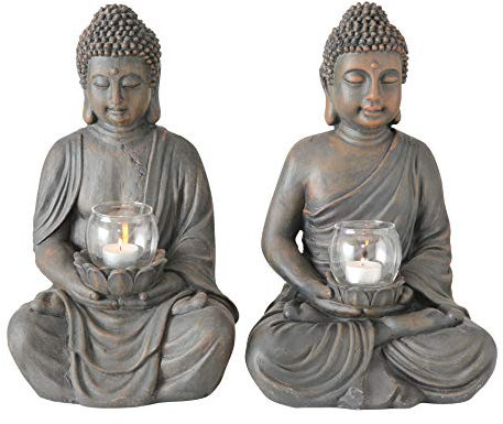 Buddha mit Windlicht, Buddhafigur, Gartenfigur mit Windlicht in den Händen aus Kunstharz, Sortiert, 1 Stück, Höhe ca. 41 cm