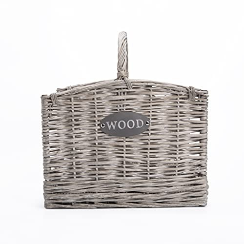 Medium Grey Washed Wicker Fireside Heavy Duty Log Storage Basket, Wood Basket