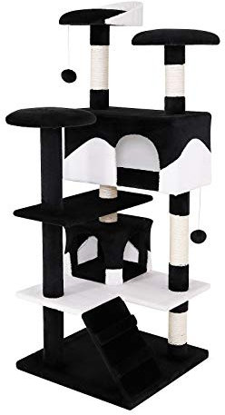 lionto Kratzbaum für Katzen mit 2 Plüschbällen & 3 Plattformen, Höhe 130 cm, Katzenbaum mit Sisal & weichem Plüsch, gemütliche Liegeflächen & Höhlen, für kleine & große Katzen geeignet, schwarz/weiß