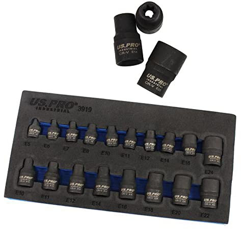 US PRO 1357 Tools 17pc E Torx Impact Set E5/e24 Female Star Torque Sockets, 0.01 V