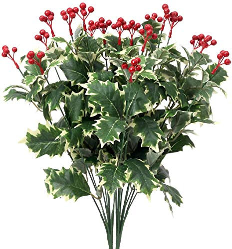 Amkun Künstlicher Stechpalmen-Strauß mit Beeren, als Pflanze zu Weihnachten, zur Dekoration für Haus oder Party, 2 Stück weiß / grün