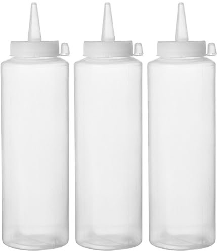 HENDI Bottiglia dosatrice di salse e condimento, riutilizzabile, set di 3 pezzi, biberon dosatore da spremere, flacone squeeze, ketchup, mustard, oli, mousse, 0,2L, ø50x(H)185mm, trasparente, PE, PP