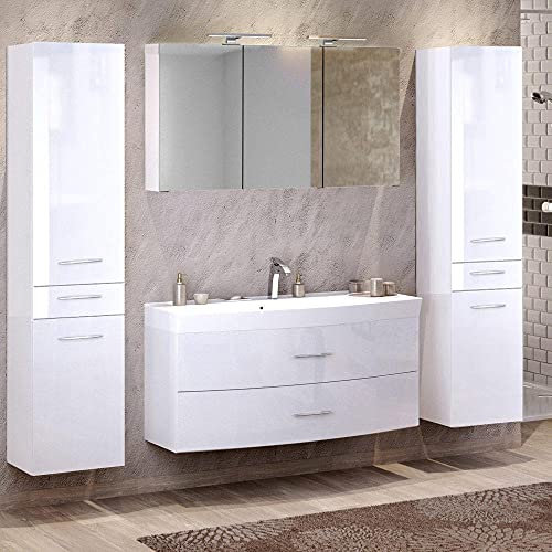 Lomadox Badezimmer Waschplatz Set in Hochglanz weiß ● 120cm Waschtisch mit Unterschrank inkl. Waschbecken ● 3D Spiegelschrank mit 2 LED-Leuchten & Steckdose ● Hochschrank mit 2 Türen