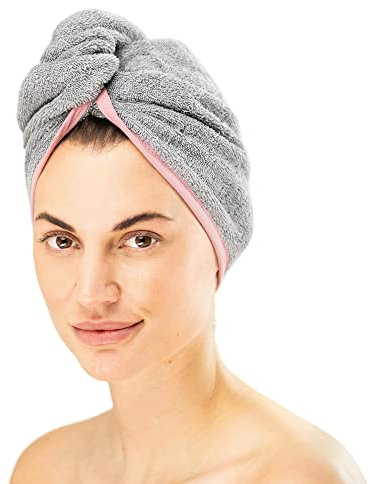 HOMELEVEL Frottee Turban Haarturban mit Knopf für Erwachsene aus 100% Baumwolle, saugstark, Stabiler Halt 1 x Grau