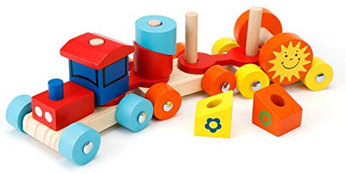 EXTSUD Kinder Holz Zug Steckspiel Stapelspiel Montessori Spielzeug mit Geschenkbox Holz Einsenbahn Bunte Farben und Formen Blöcke Lernspielzeug Geschenk für Kinder Kleinkinder Weihnachten Neujahr