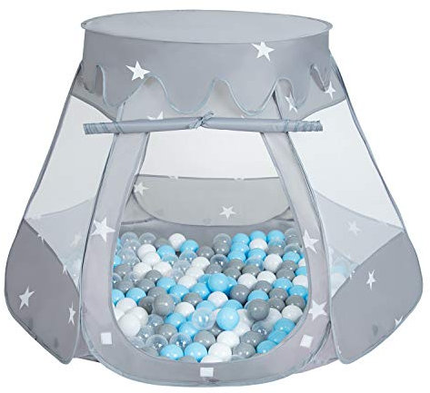 Selonis Baby Spielzelt Mit Plastikbällen Zelt 105X90cm/200 Bälle Plastikkugel Kinder, Grau:Grau-Weiß-Transparent-Babyblau