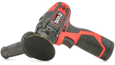 YATO Mini máquina pulidora profesional de 12 V con mango adicional, placa de pulido de 80 mm de diámetro, con batería de 2,0 Ah y cargador, 8300 rpm, 2 velocidades, incluye 3 cabezales de pulido,