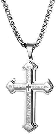 Flongo Herren-Kette Rosenkranz Männer Anhänger Kreuz Halskette aus Edelstahl Silber Englische Bibel Jahrgang Poliert Herren-Accessoires