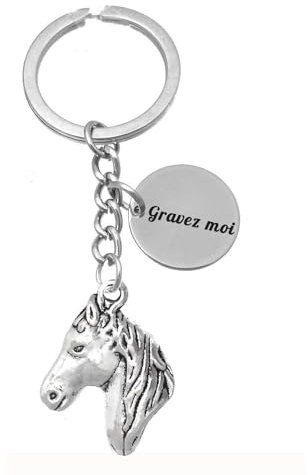 Porte-clés Tête De Cheval Argenté Gravure Personnalisée Sur Médaille