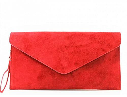 00 Women's Real Leather Envelope Clutch Evening Bag Ladies Suede Shoulder Handbag Metal Zip Closure Bag Ladies Party Handbag Women Hangout Shoulder Bag (Red)