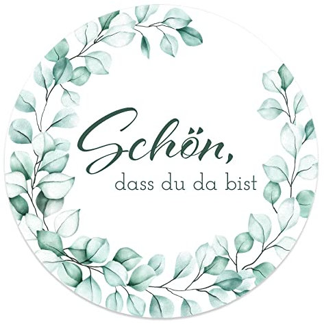 Aufkleber Schön dass du da bist 4,5 cm - Hochzeit Sticker ideal für Gastgeschenk in vielen verschiedenen Designs (80x Stück, Eukalyptus Kranz)