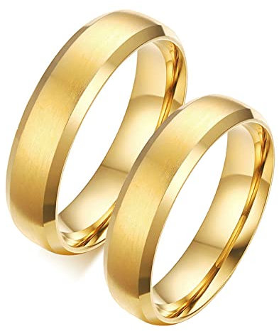 Beydodo Eheringe Edelstahl, Verlobungsringe Paar Ringe für Sie und Ihn, 6MM Gold Matt Ringe Damen Gr.57 (18.1) + Herren Gr.70 (22.3)