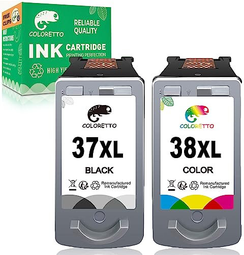 COLORETTO Wiederaufbereitet Druckerpatronen Tinte als Ersatz für Canon PG-37 XL 37XL CL-38 XL 38XL (1 Schwarz,1 Farbe) für Pixma MX300 MX310 iP1800 iP1900 iP2500 iP2600 MP140 MP190 MP210 MP220 MP470