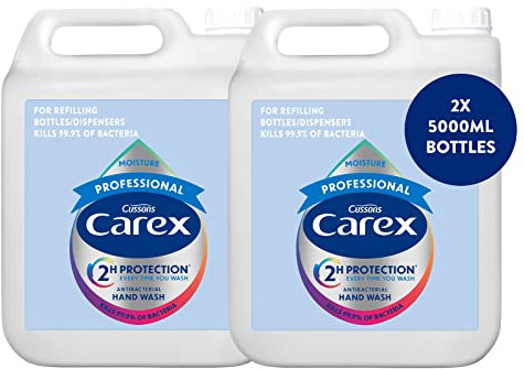Carex 2 Hour Protection Antibacterial Professional Moisture Hand Wash Refills, Liquid Hand Soap Eco Refill for Homes & Businesses, With Vitamin E, Bulk Buy, Pack of 2 x 5 litres
