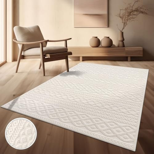TT Home In-& Outdoorteppich Wetterfest Balkon Schlafzimmer Boho Skandi Motiv Unifarben, Farbe:Creme 4, Größe:60x100 cm